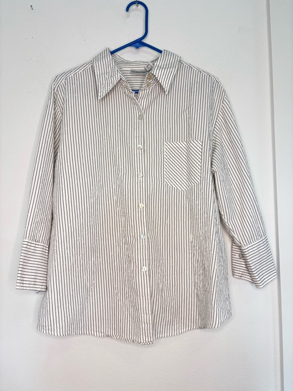 CHICOS STRIPED BOXY CUT BUTTON DOWN BLOUSE SZ 3